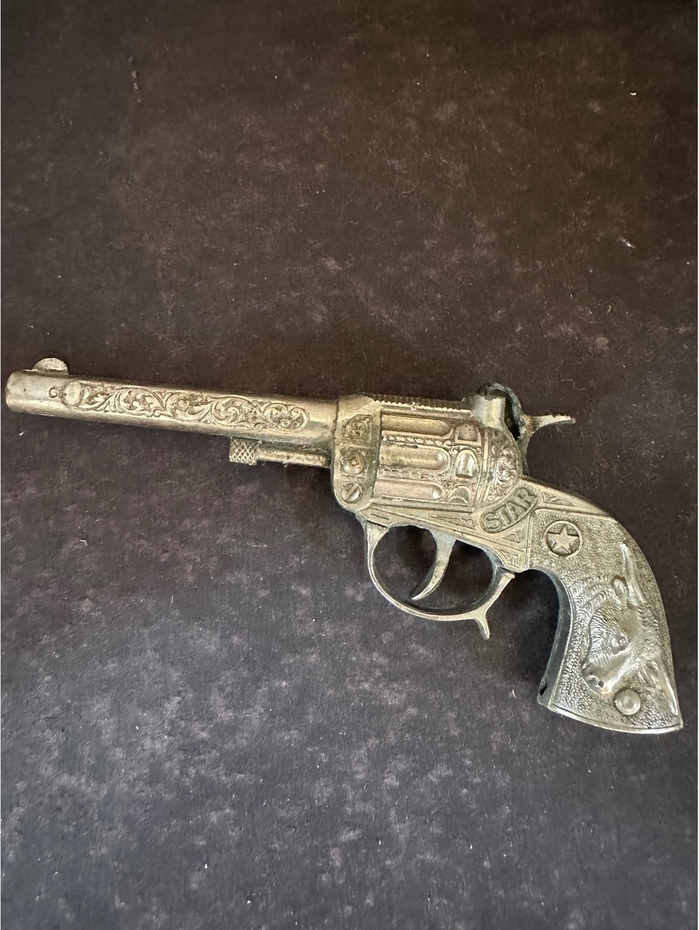 Vintage Hubley STAR Metal Toy Cap Gun Cowboy Revolver Horse Grip 6.5"